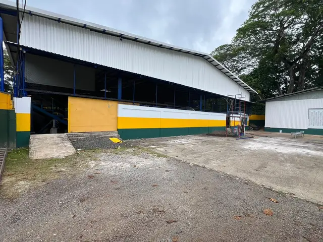 Cancha techada con cubierta blanca y muros renovados en amarillo, blanco y verde
