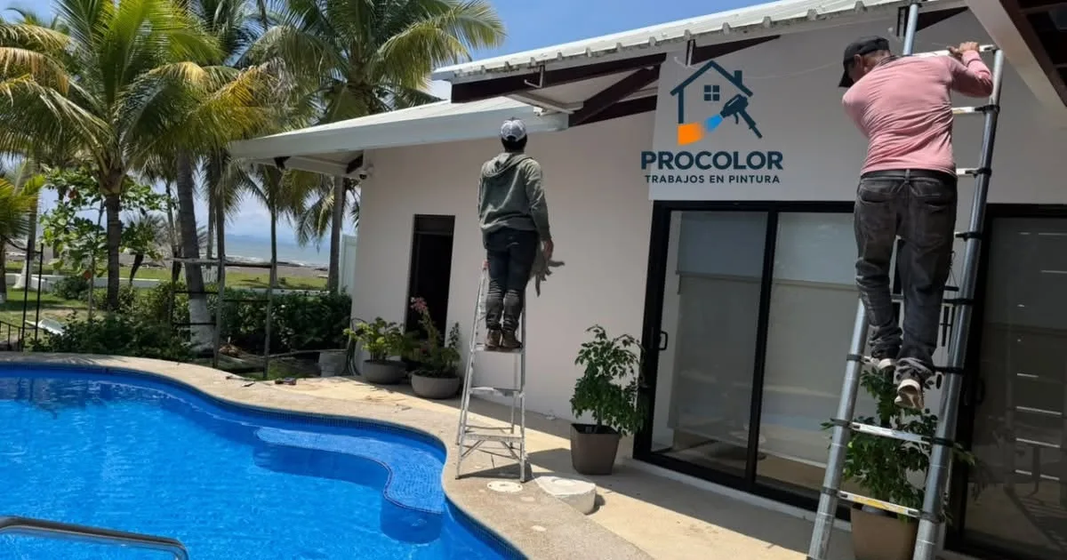 Dos técnicos de Procolor trabajando en el alero con escaleras